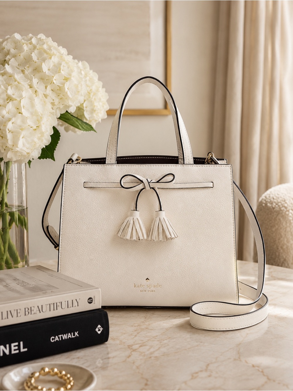 Kate Spade Leather Cream Satchel with Tassel Details